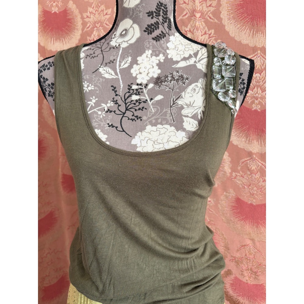 Bebe Y2K Tank Top, Embellished Crystals, Olive Green, Medium